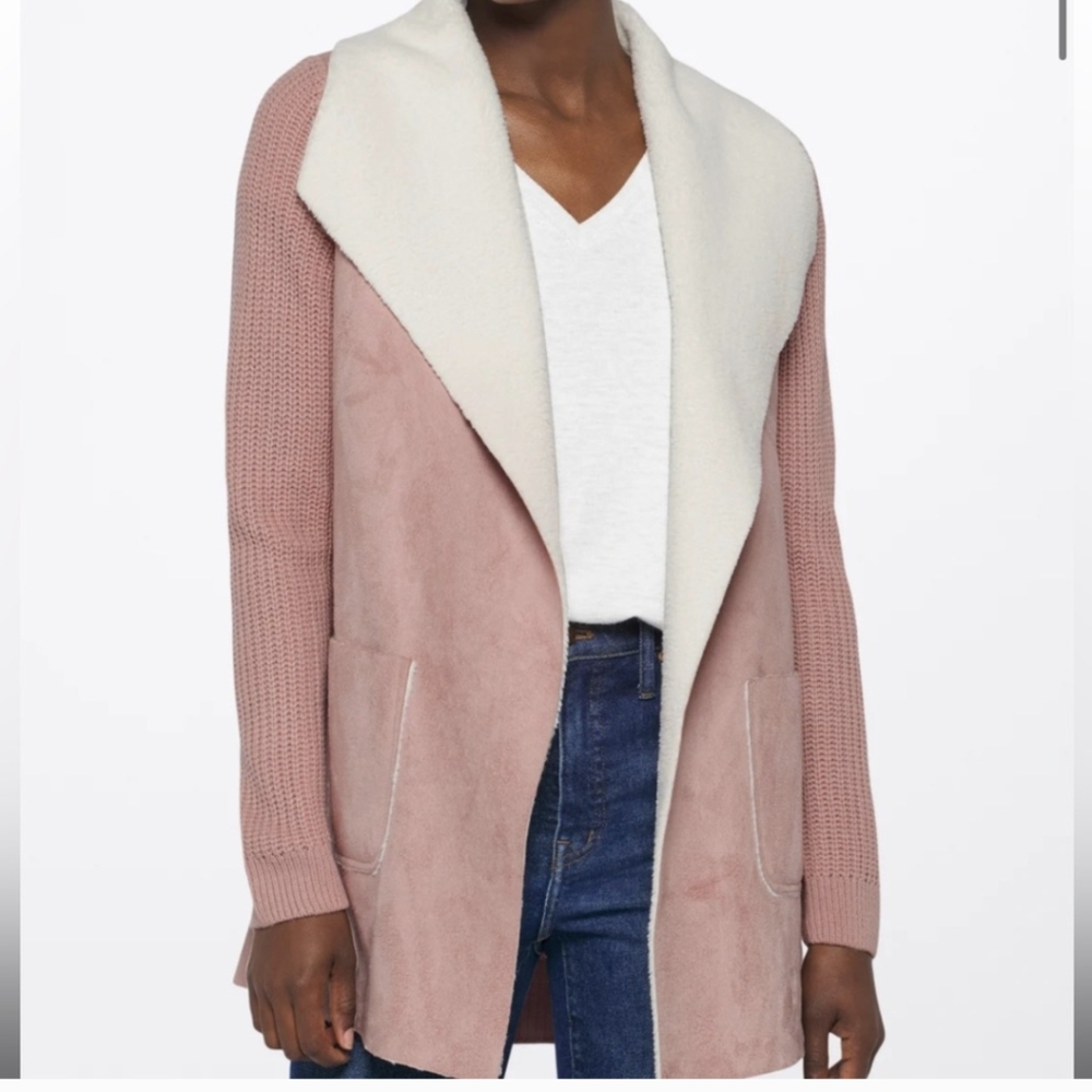 Women’s Dusty Rose Sherpa-Trim Open Cardigan Sweater